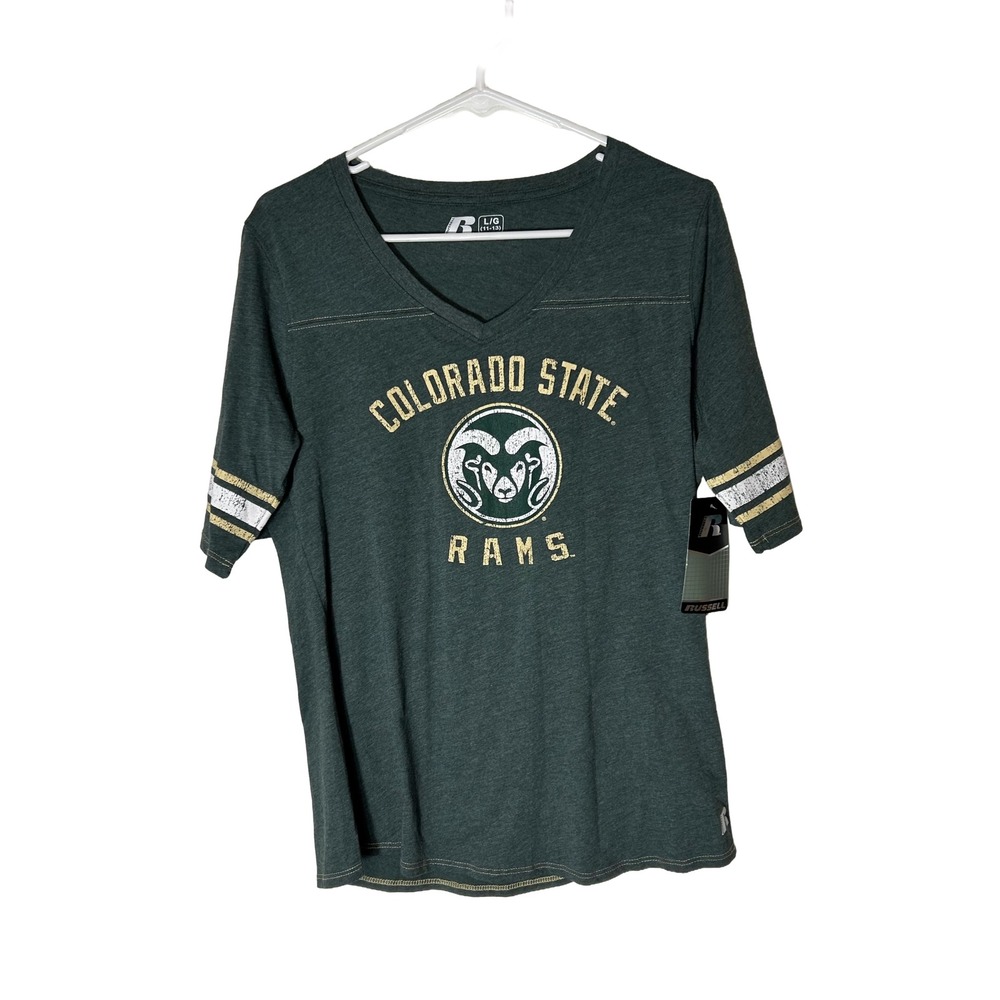 NWT Russell Colorado State Rams V-Neck‎ Graphic T-Shirt Green Womens Large